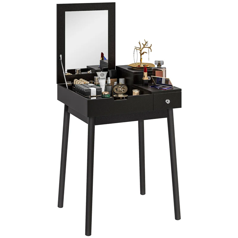 EasyComfort Tavolo da Trucco 2 in 1 con Specchio Ribaltabile e 2 Cassetti, 60x50x85.5 cm, Nero