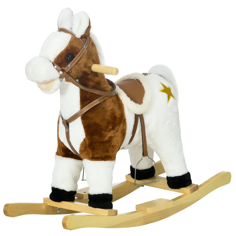 Easycomfort Cavallino a Dondolo per Bambini da 3-6 Anni in Peluche con Suoni, 68x26x62cm, Marrone