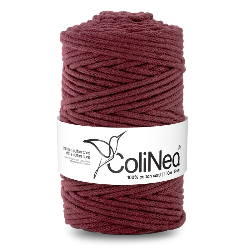 ColiNea, cordoncino in cotone con anima in cotone, intrecciato, 5mm, 100m, bordeaux