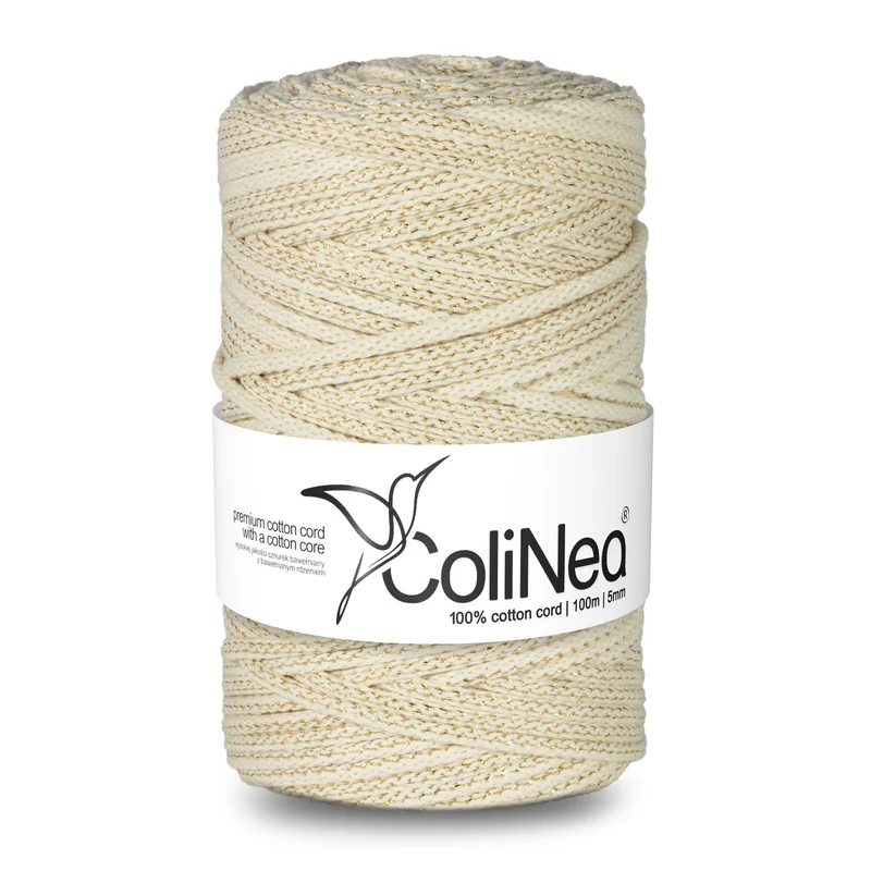 ColiNea, cordoncino in cotone con anima in cotone, intrecciato, 5mm, 100m, avorio con filo dorato