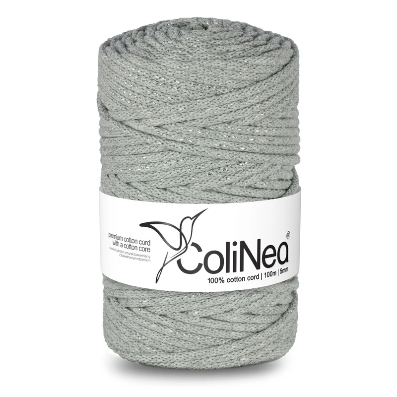 ColiNea, cordoncino in cotone con anima in cotone, intrecciato, 5 mm, 100 m, grigio con filo d'argento,Uncinetto