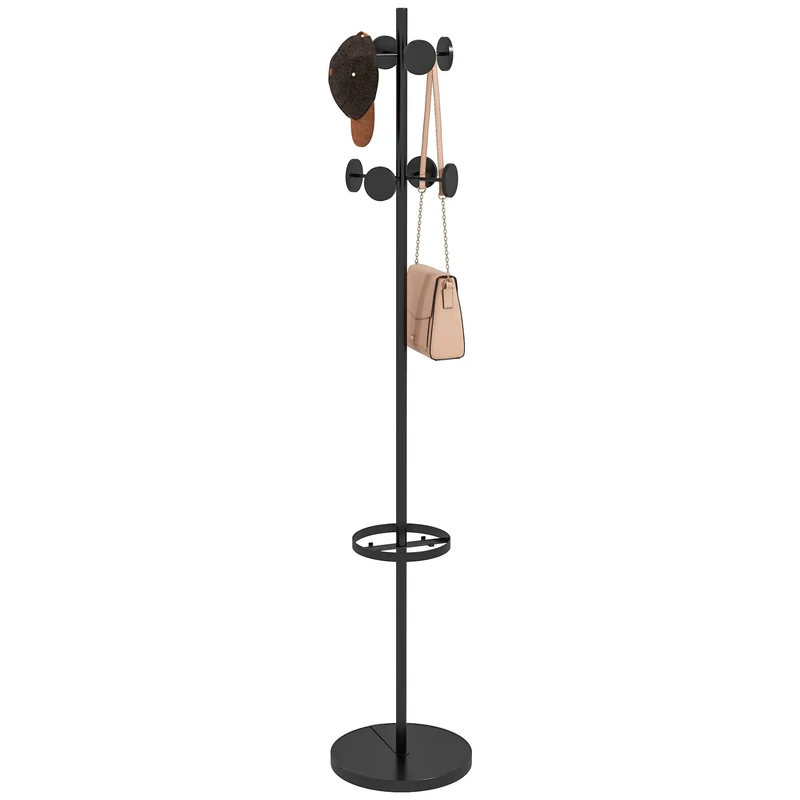 Easycomfort Appendiabiti da Terra con Portaombrelli e 8 Ganci a Disco in Metallo Ø34 x 177cm, Nero