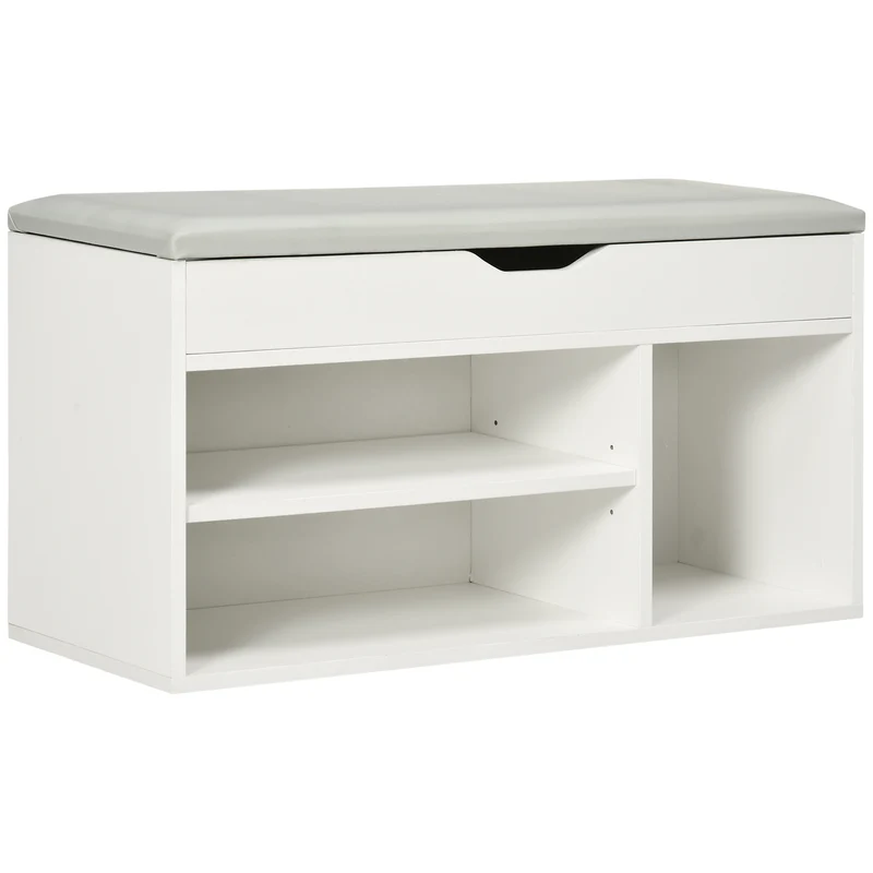 Easycomfort Scarpiera Salvaspazio da Ingresso Imbottita, Mobile da Ingresso con Scarpiera, con 3 Scomparti, Seduta in Pelle PU, per Soggiorno e Corridoio, 80x30x43 cm, Bianco