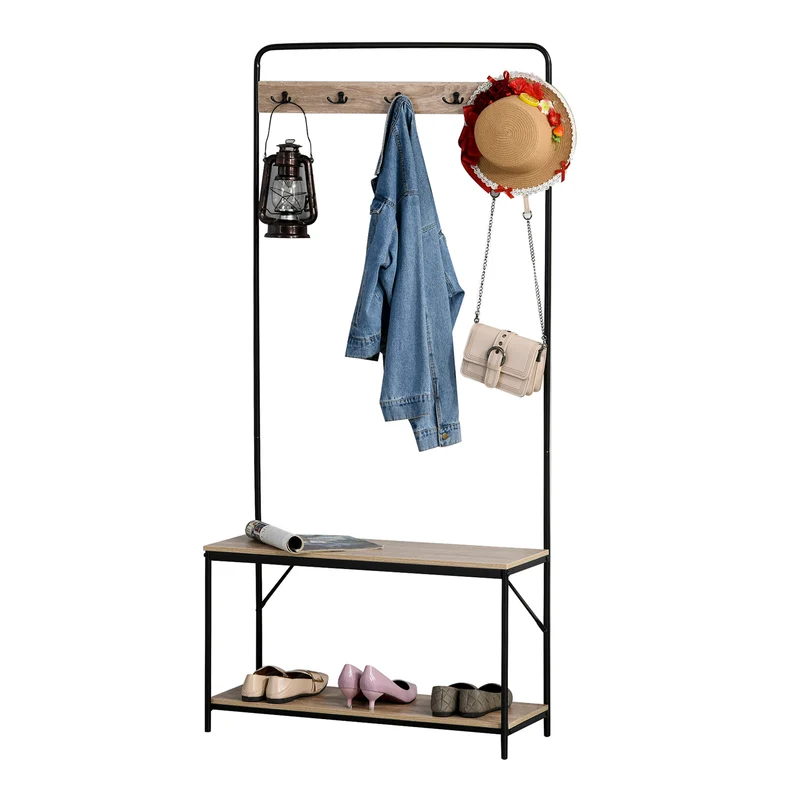 Easycomfort Appendiabiti con Panca e Scarpiera in Stile Industriale, Mobile per Ingresso Vintage in Legno e Acciaio Nero