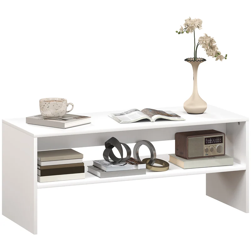EasyComfort Tavolino da Caffè Moderno in Legno a 2 Livelli con Ripiano Aperto, 100x40x41.5 cm, Bianco