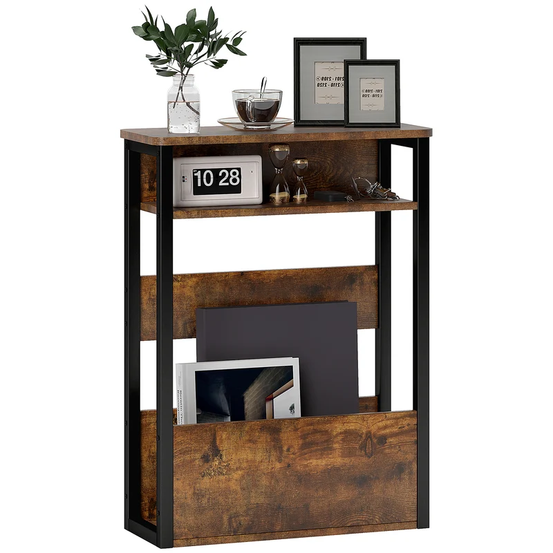 EasyComfort Tavolino da Soggiorno in Stile Industriale con 2 Ripiani, in Legno e Metallo, 46x18x58.5 cm, Marrone