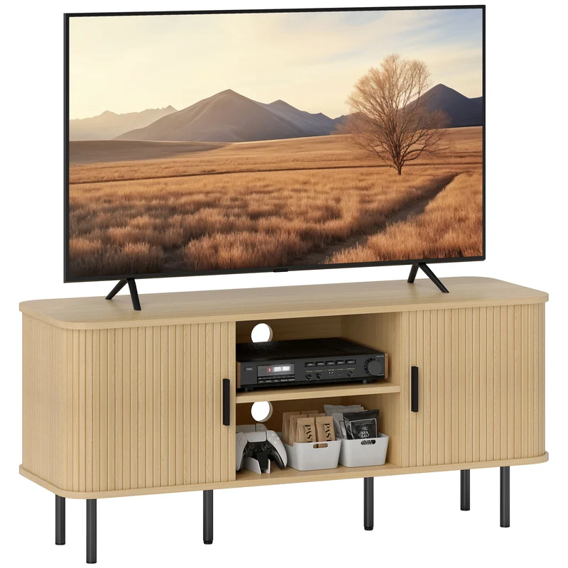 EasyComfort Mobile TV 55" con 2 Armadietti e 2 Ripiani in Legno e Acciaio, 120x40x55 cm, Nero e Rovere