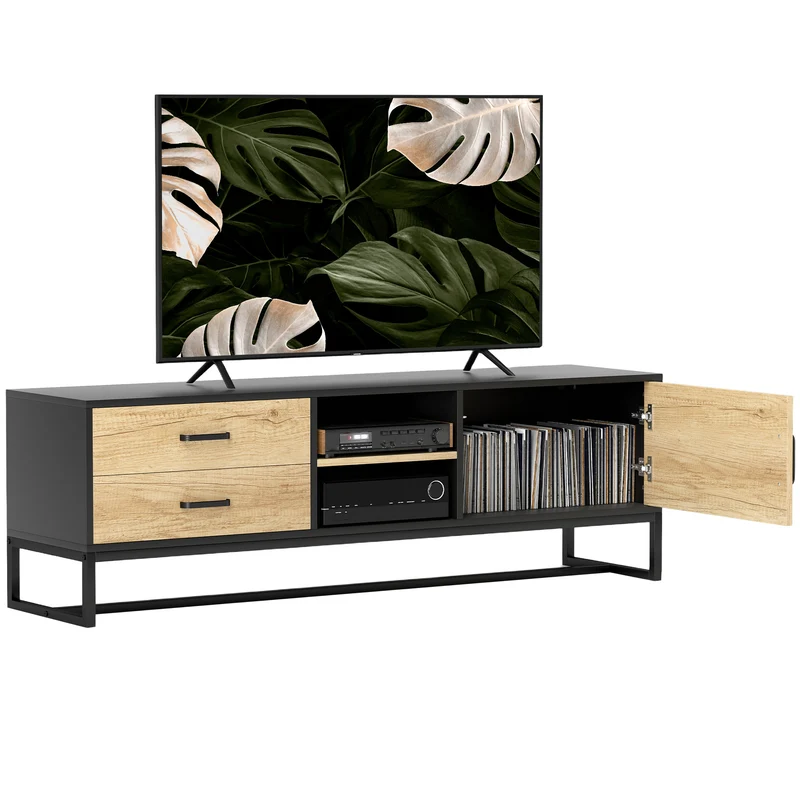 EasyComfort Mobile Porta TV 60" con Armadietto, 2 Cassetti e Ripiani Aperti, 140x35x45 cm, Legno Naturale