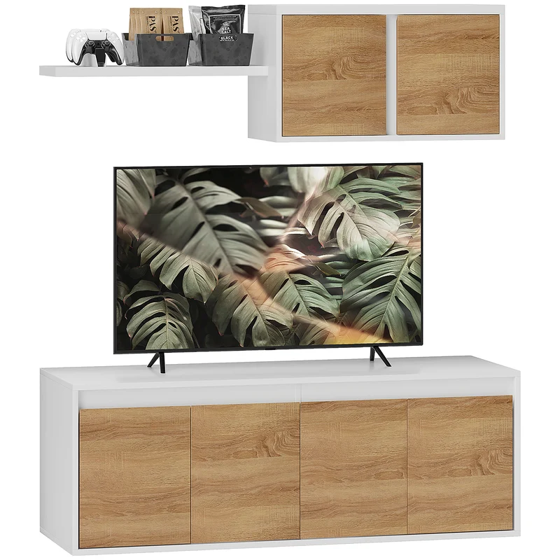 EasyComfort Set Mobile TV e Armadietto a Muro con 7 Ripiani e Scaffale Aperto, in Legno, 120x41x43.3 cm, Bianco e color Legno