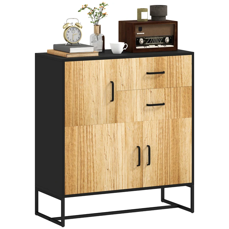 EasyComfort Credenza Moderna con 3 Armadietti e 2 Cassetti, in Truciolato e Acciaio, 80x35x88 cm, Nero e color Legno