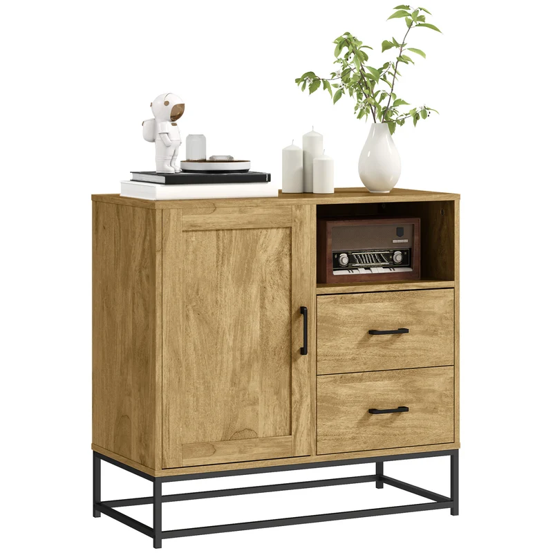 EasyComfort Credenza Moderna con 2 Cassetti, Armadietto Regolabile e Ripiano Aperto, in Legno e Acciaio, 80x40x78 cm, Marrone