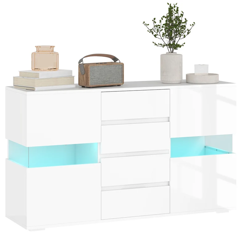 EasyComfort Credenza Moderna con LED Regolabile con Telecomando, 4 Cassetti e 2 Armadietti, 120x34x70 cm, Bianco