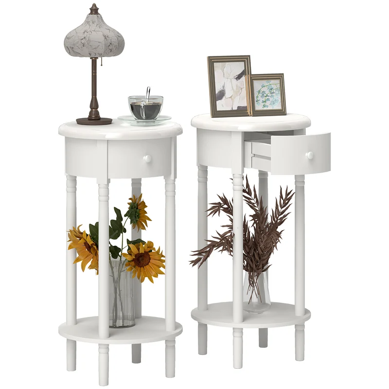 EasyComfort Set 2 Comodini con Cassetto e Ripiano in Legno Stile Contemporaneo, Ø35.5 x 71 cm, Bianco