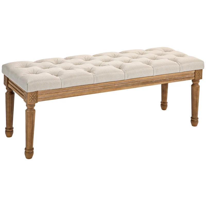 EasyComfort Panca Fondoletto Imbottita con Seduta Trapuntata a Bottoni in Tessuto e Legno, 120x41x48cm, Crema