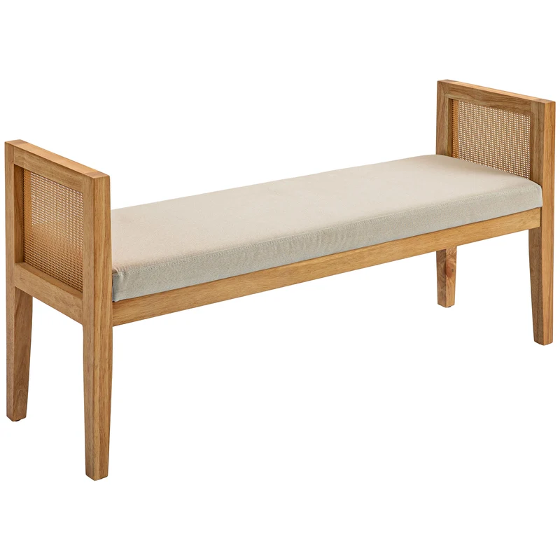 EasyComfort Panca Fondo Letto Boho con Seduta Imbottita e Braccioli in Legno e Rattan, 120x38x61.5cm, Crema