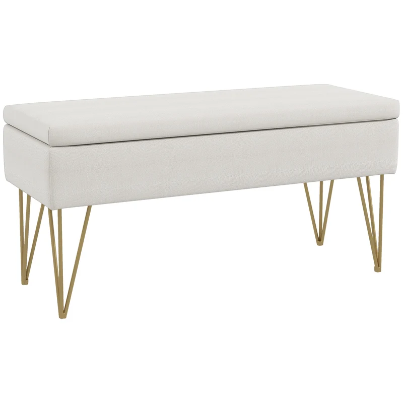 EasyComfort Panca Fondo Letto con Contenitore in Tessuto e Gambe in Acciaio, 100x40x49cm, Crema