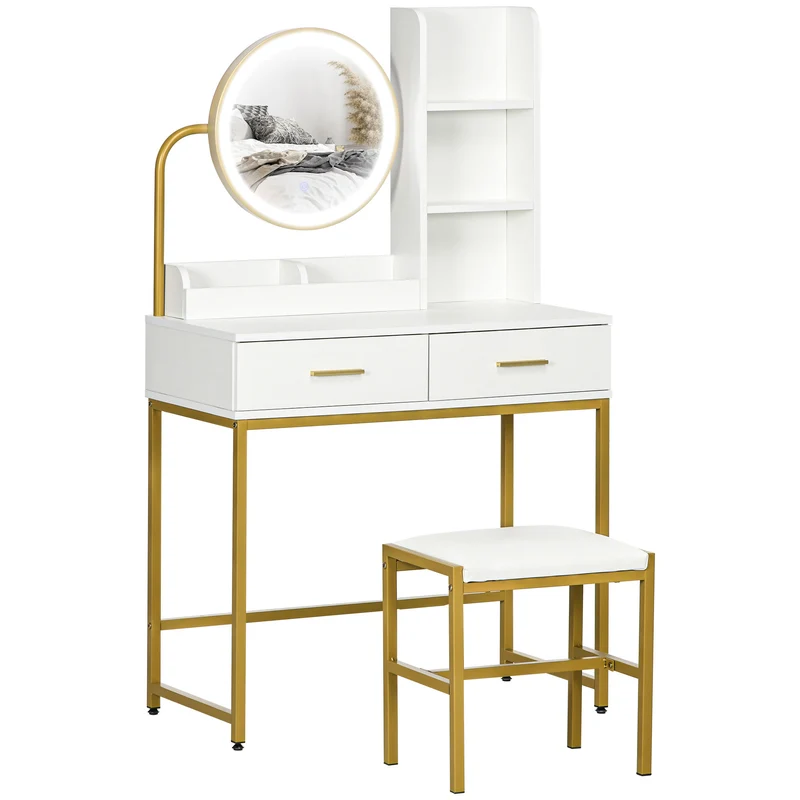 EasyComfort Toeletta Tavolo Trucco con Specchio Illuminato a LED e Sgabello, Cassetti e Ripiani, Bianco