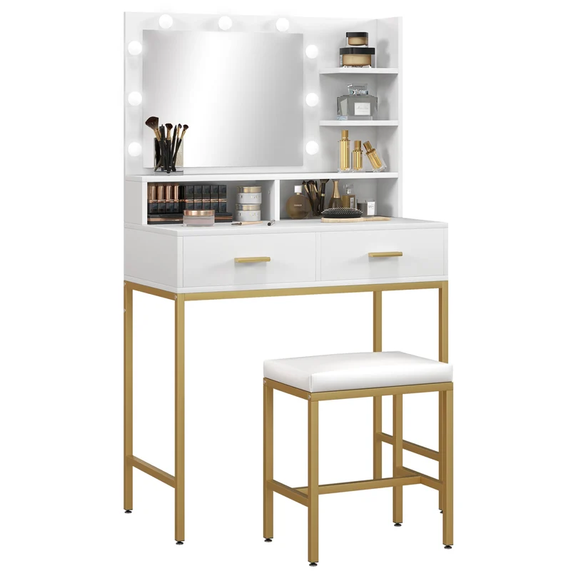 EasyComfort Mobile Toeletta con Specchio, 2 Cassetti, 5 Ripiani e Sgabello, in MDF e Truciolato, 80x40x138 cm, Bianco