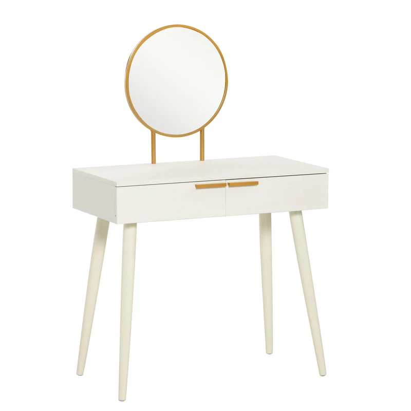 EasyComfort Tavolo Trucco con Specchio e 2 Cassetti per Accessori, in Legno, 80x40x123 cm, Bianco