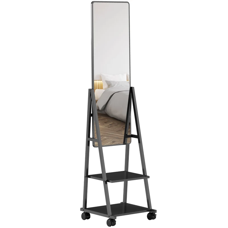 EasyComfort Specchio Verticale da Terra con 2 Ripiani e 4 Rotelle, in Acciaio e Legno, 42x37x155 cm, Nero