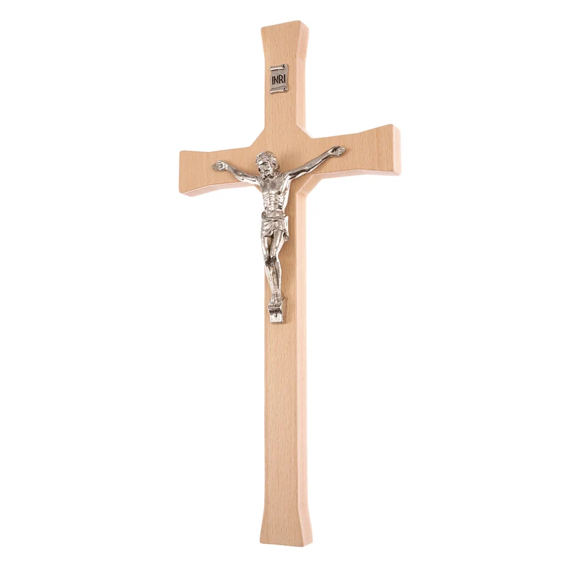 Croce classica di faggio da parete, colore naturale 18x8x1,4 cm