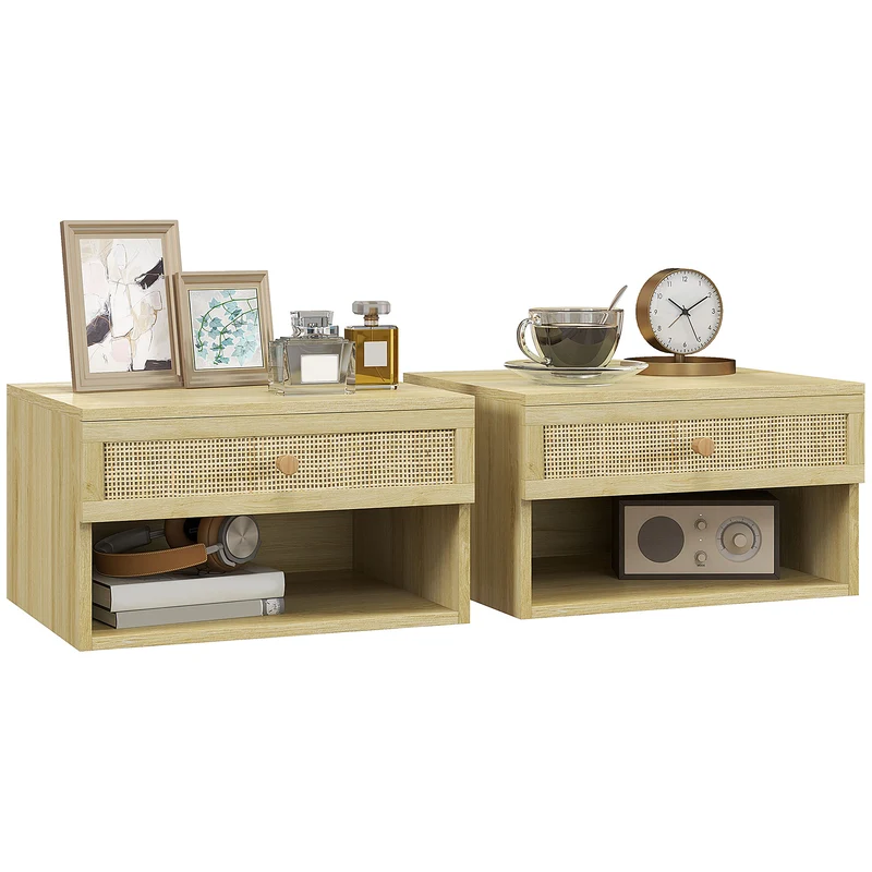 EasyComfort Set 2 Comodini con Cassetto e Ripiani Aperti in stile Boho, in Truciolato e Rattan, 40x34x23 cm