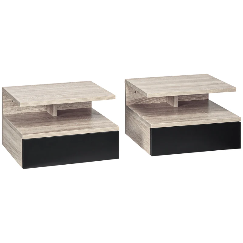 EasyComfort Set di 2 Comodini Sospesi Moderni con Cassetto e Mensola Superiore, 35x32x22.5cm, Rovere e Nero