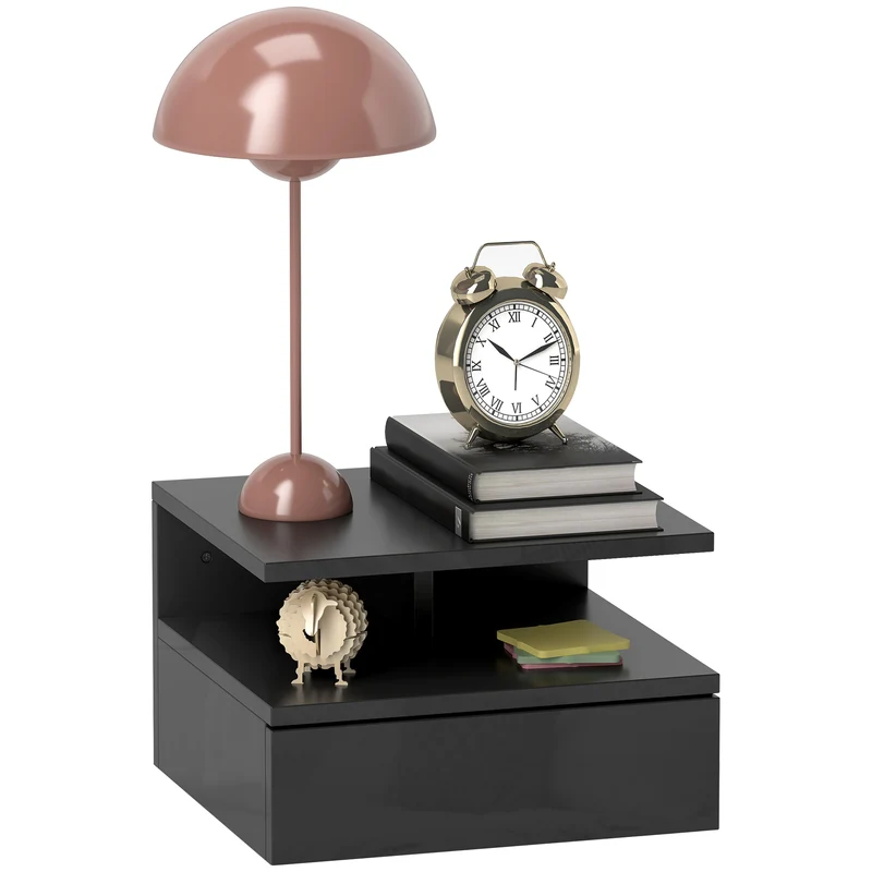 EasyComfort Comodino Sospeso per Camera da Letto con Cassetto e Ripiano Aperto in Legno, 35x32x22.5 cm, Nero Lucido