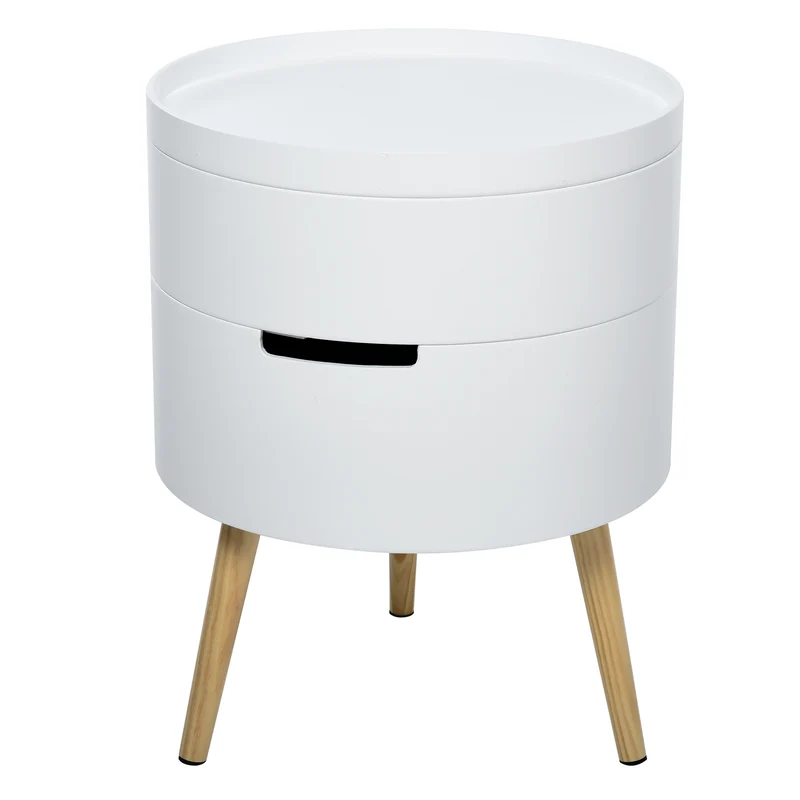 Easycomfort Tavolino da Caffè Rotondo, 3 Elementi con Apertura a Rotazione, Vassoio Rimovibile, in Legno Bianco, ?38 x 48.3cm