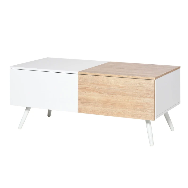EasyComfort Tavolino da Salotto Stile Nordico con 2 Cassetti, Mobiletto Moderno Casa e Ufficio, Bianco e Rovere, 110x50x45cm