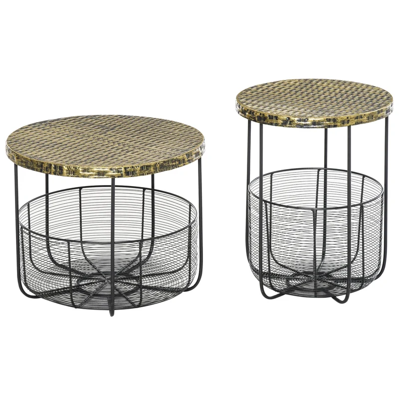 Easycomfort Set di 2 Tavolini da Giardino in Metallo con Ceste, Arredamento da Esterno Stile Industriale Nero
