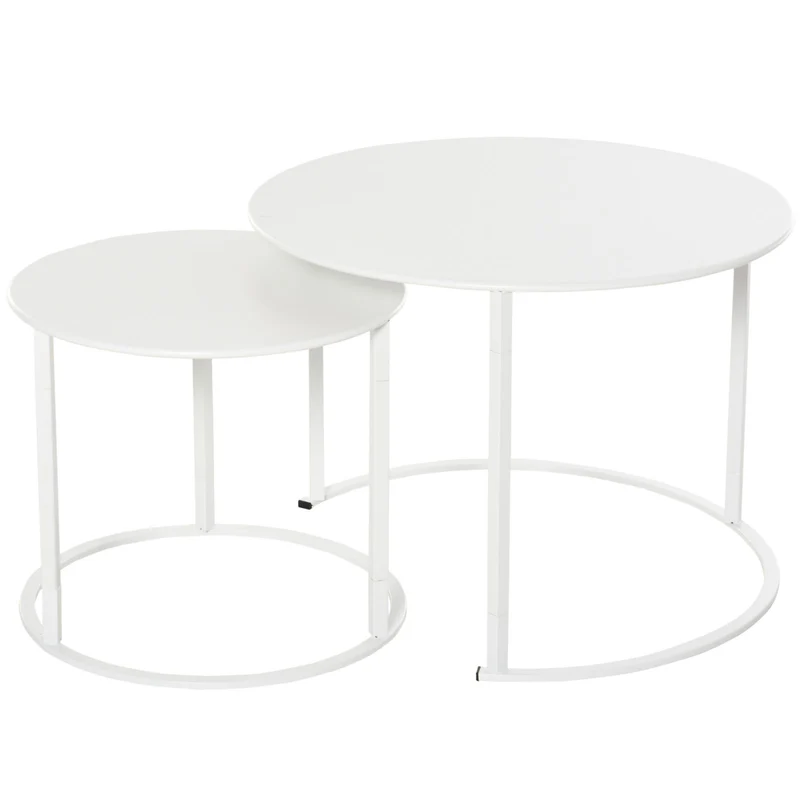 EasyComfort Set 2 Tavolini da Salotto e Giardino Salvaspazio Sovrapponibili, Tavolini da Caffè in Ferro, Bianco