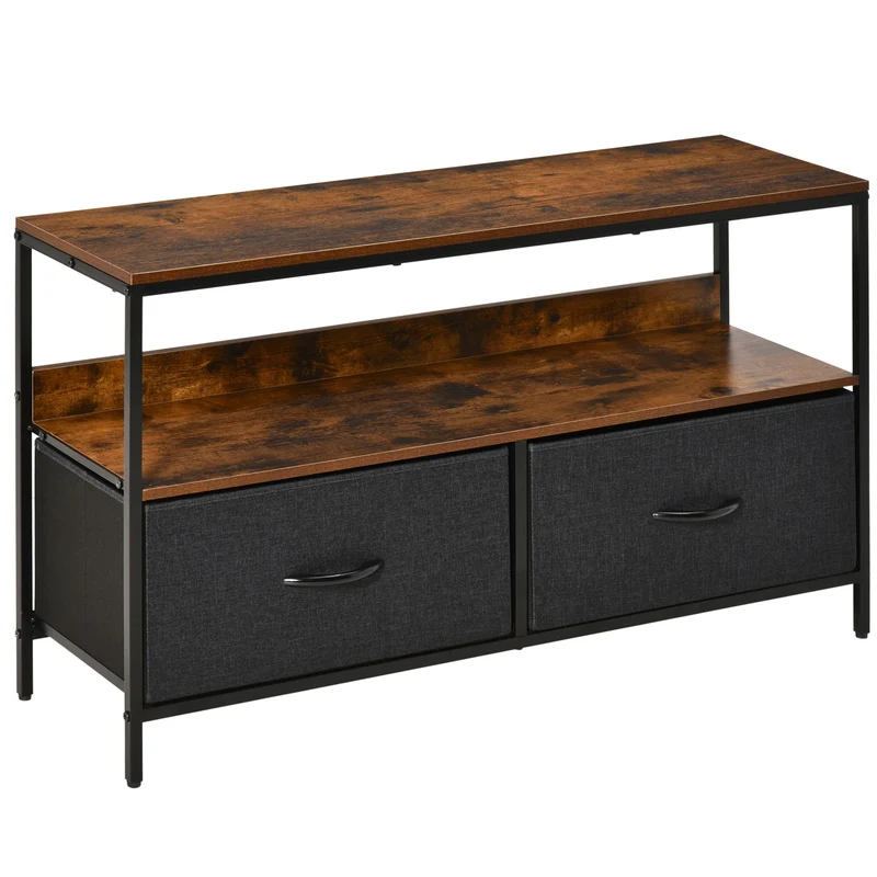 Easycomfort Mobile TV Stile Industriale con Cassetti Pieghevoli in Tessuto e Mensola, Mobiletto TV in Metallo e MDF, 98x29x56cm, Marrone e Nero