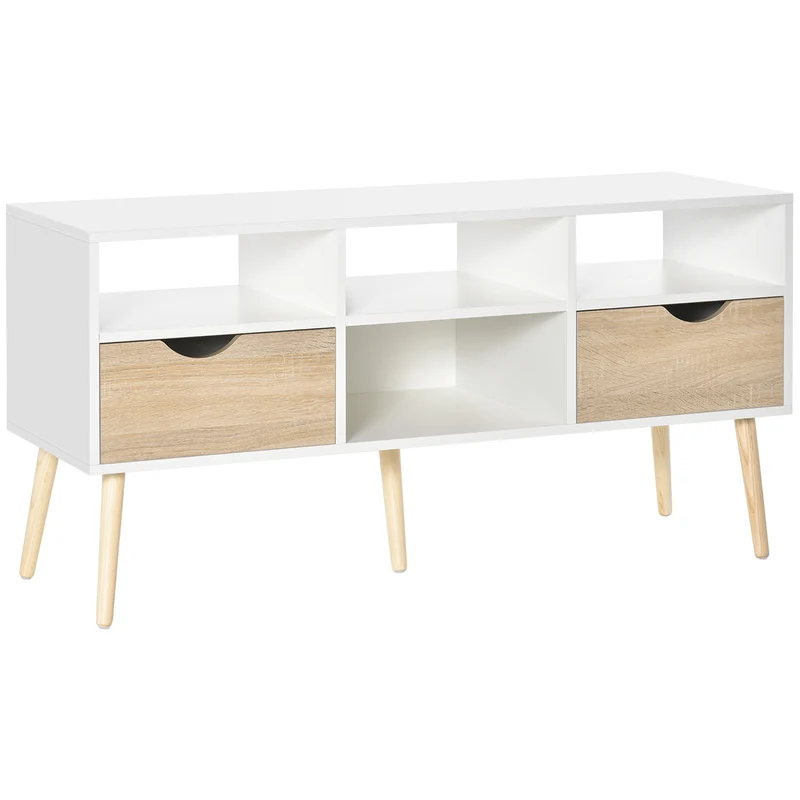 Easycomfort Mobile TV Moderno con Cassetti e Vani Aperti per TV fino 50'', Mobiletto TV Basso da Salotto con Gambe in Legno, 117x39x57cm, Bianco