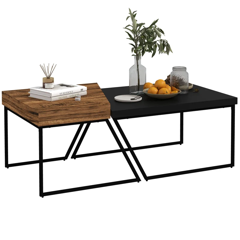 Easycomfort Set 2 Tavolini da Caffè in Truciolato e Acciaio, Tavolo Nero 80x60x42 cm e Tavolo Marrone 60x60x46 cm