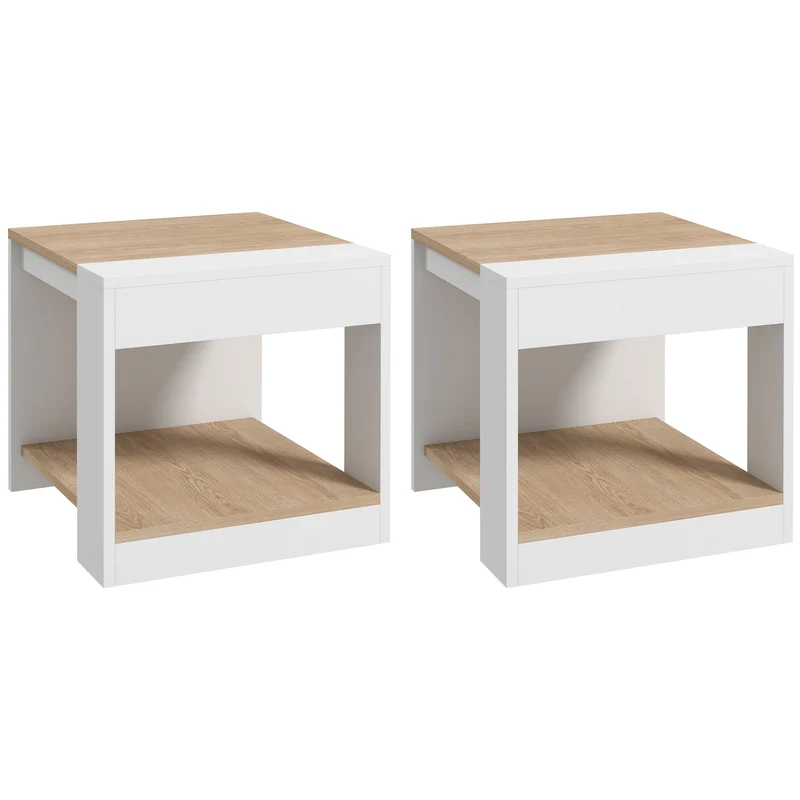 Easycomfort Set da 2 Tavolini da Soggiorno con Design a Due Livelli, 40x40x45cm, Bianco e Quercia