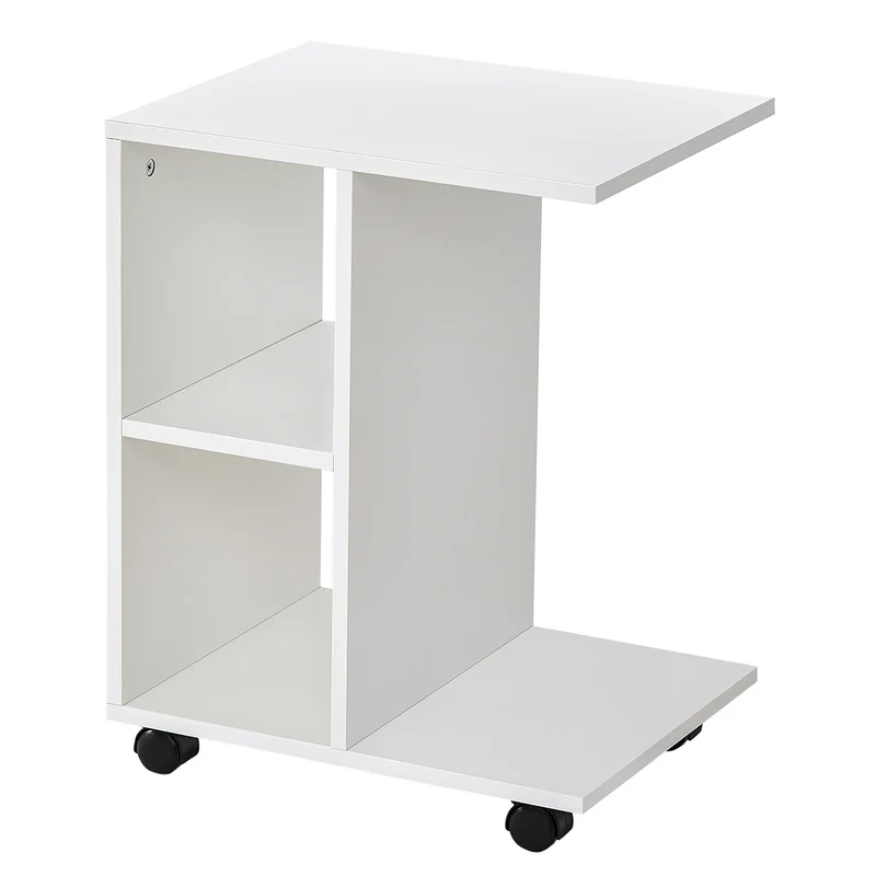 Easycomfort Tavolino da Salotto a C con 2 Ripiani Aperti e 4 Ruote Girevoli, in MDF e PE, 45x35x58 cm, Bianco