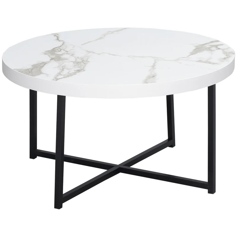 Easycomfort Tavolino da Caffè Rotondo con Piano Effetto Marmo in MDF e Gambe in Metallo, ?80x45 cm, Bianco