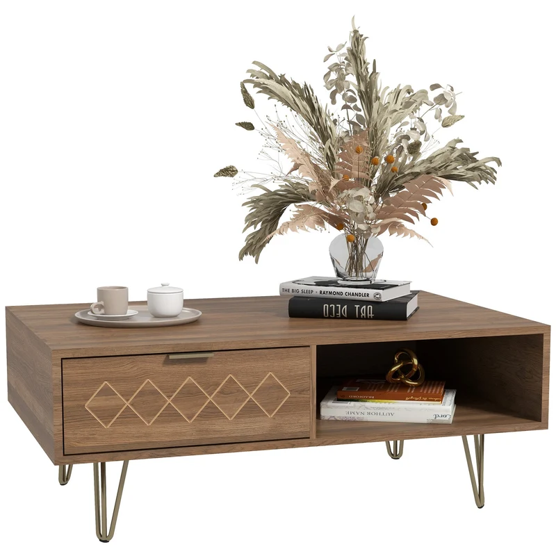 Easycomfort Tavolino da Caffè con 2 Ripiani Aperti e 2 Cassetti in Truciolato e Metallo, 95x62x36.5 cm