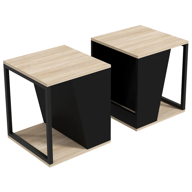 Easycomfort Set da 2 Tavolini da Caffè con Vano Porta Oggetti in Truciolato e Acciaio, 40x40x45cm, Nero e Quercia