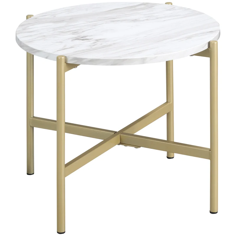 EasyComfort Tavolino da Caffè con Piano d'Appoggio Effetto Marmo e Struttura in Metallo Dorato, Ø55x45cm, Bianco