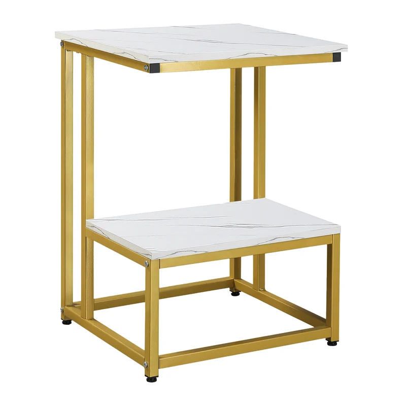 EasyComfort Tavolino Basso con Piedini Regolabili, Tavolino da Salotto in Metallo e Legno Effetto Marmo, 45x40x61.5cm, Bianco Oro