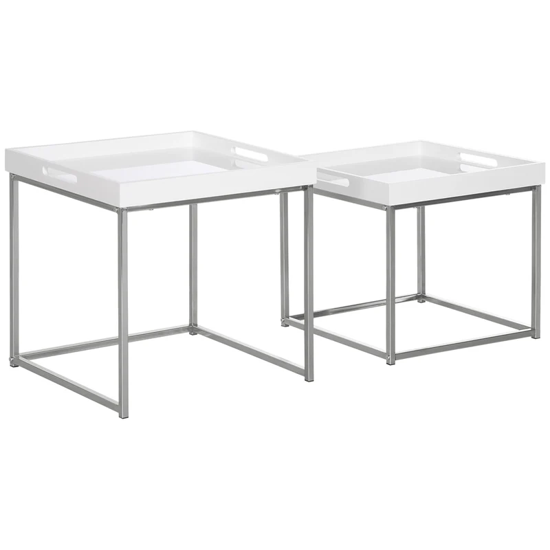 Easycomfort Set da 2 Tavolini da Caffè Impilabili con Finitura Lucida e Telaio in Acciaio, Bianco