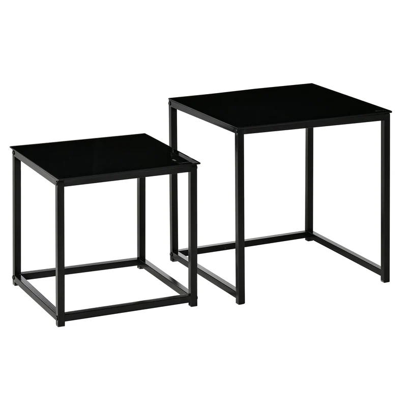 EasyComfort Set 2 Tavolini da Salotto Quadrati Moderni, in Acciaio e Vetro Temperato, Nero