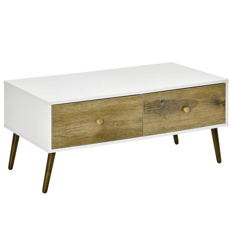 EasyComfort Tavolino da Salotto in Stile Nordico con 4 Cassetti, 100x53.3x45cm - Bianco e Color Legno