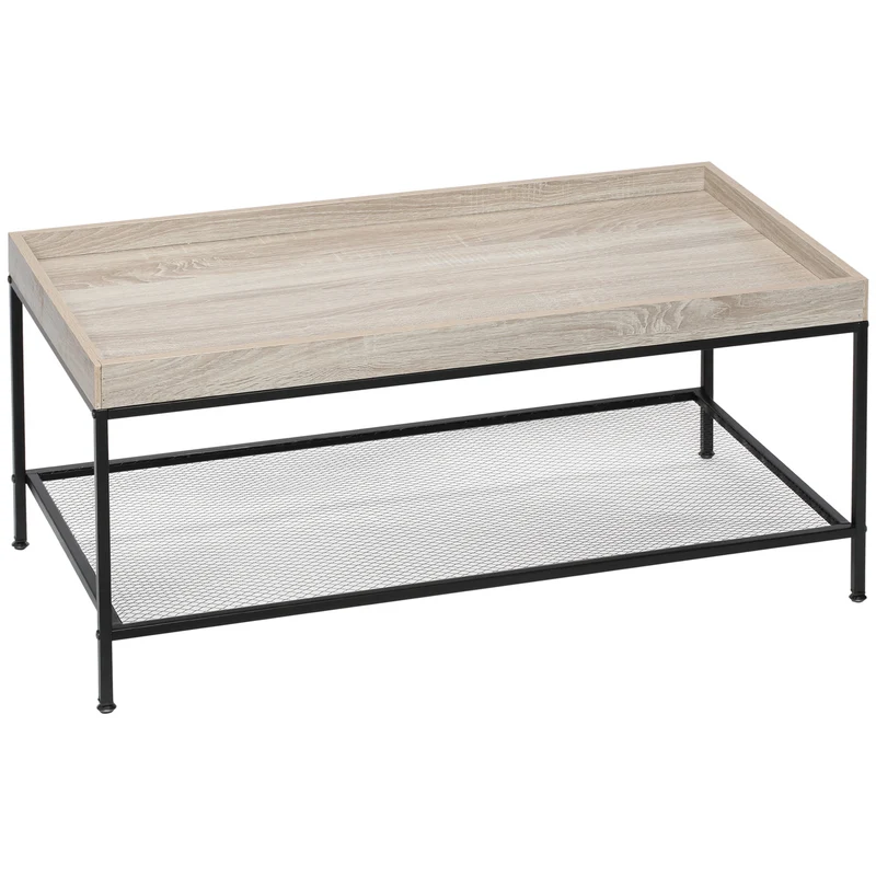 Easycomfort Tavolino da Salotto Basso a 2 Livelli con Bordo Rialzato, in MDF e Metallo, 100x50x46.5 cm, Color Legno
