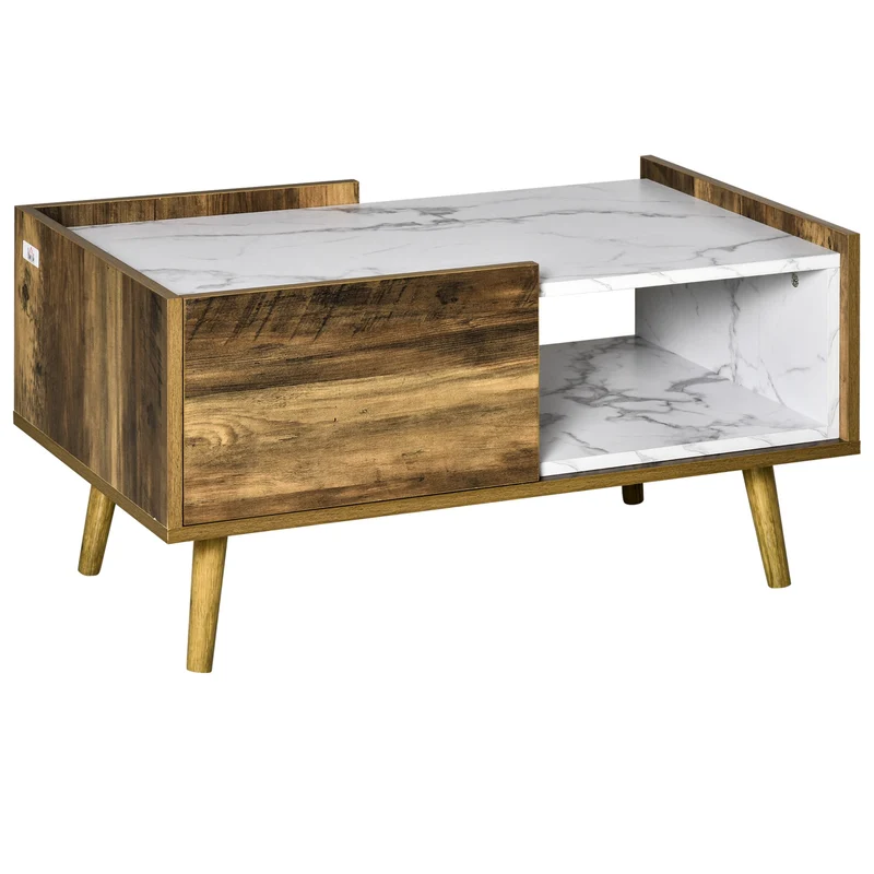 Easycomfort Tavolino da Caffè Rettangolare con Cassetto e Ripiano, 80x45x40.5cm, Marrone e Bianco