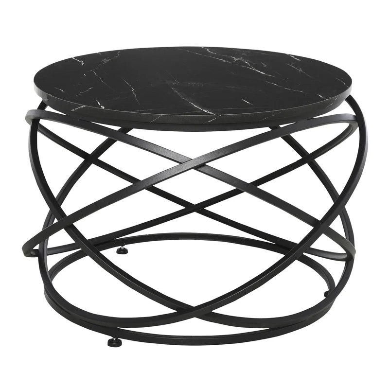Easycomfort Tavolino da Caffè, Piano d'Appoggio Rotondo con Effetto Marmo e Struttura di Design in Metallo Nero, ?72 x 48cm