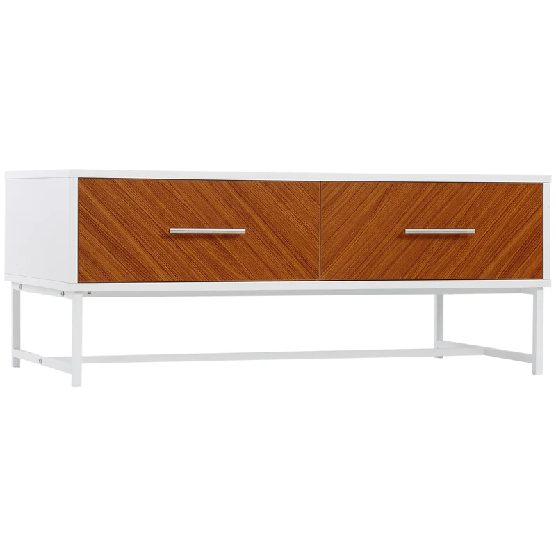 Easycomfort Tavolino da Caffè con 2 Cassetti e Vano Aperto in Legno e Metallo, 100x50x40cm, Bianco e Marrone