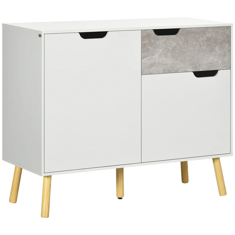 Easycomfort Mobile da Salotto con 2 Armadietti a 2 Ante e Cassetto in Truciolato e Pino, 98x39x81.5 cm, Grigio e Bianco